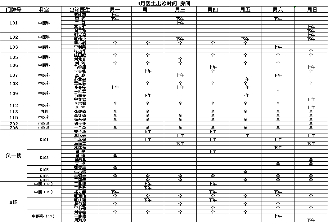 北京崇文中方中医医院9月份医生出诊信息